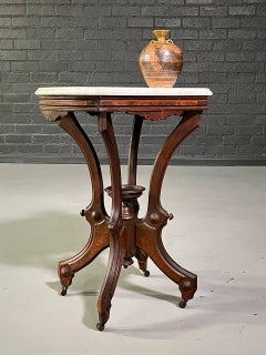 Antique Victorian Eastlake Walnut & White Marble Parlor Table on Casters