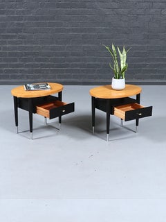 Pair of Mid Century Modern Natural & Ebony Wood Nightstands by Raymond Loewy