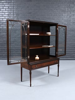 Antique English Sheraton Revival Mahogany & Glass Display Cabinet with Key