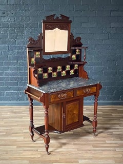 Victorian Eastlake Black Marble-Top Washstand w/ Mirror & Floral Tiles