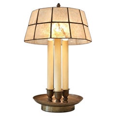 American Hollywood Regency Brass Three-Light Candelabra Table Lamp/ Capiz Shade