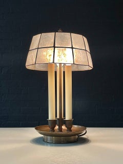 American Hollywood Regency Brass Three-Light Candelabra Table Lamp/ Capiz Shade