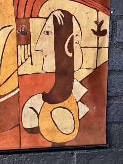 Mid-Century Modern Abstract Figural Textile Wall Hanging Signed ORA