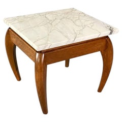 Italian Mid Century Modern White Veined Marble & Wood Side Table