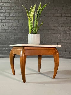 Italian Mid Century Modern White Veined Marble & Wood Side Table