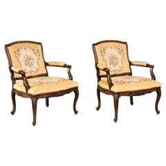 Pair of French Louis XV Carved Walnut Fauteuil Armchairs with Floral Needlepoint