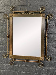 Antique Victorian Revival Brass Wall Mirror with Floral Rosettes & Scrollwork