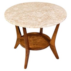 Newly Refinished - American Mid-Century Modern Wood & Marble Round Side Table