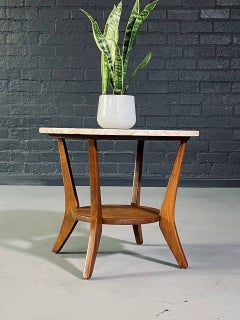 Newly Refinished - American Mid-Century Modern Wood & Marble Round Side Table