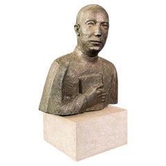 Buste d'érudit en bronze patiné sur socle de marbre