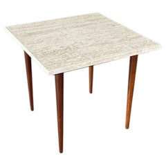 Newly Refinished - Mid-Century Modern Square Side Table w/ Travertine Marble