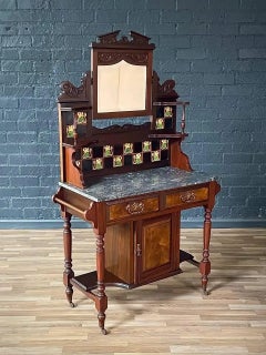 Victorian Eastlake Black Marble-Top Washstand w/ Mirror & Floral Tiles