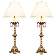 Pair of Victorian Revival Brass & Cast Metal Table Lamps with Pink Crystal Prism