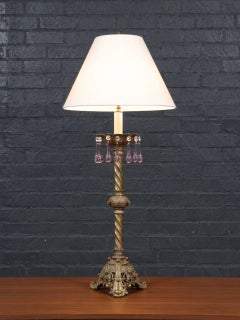 Pair of Victorian Revival Brass & Cast Metal Table Lamps with Pink Crystal Prism