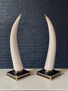 Pair of Post Modern Faux Tusks on Tessellated Marble & Brass Bases