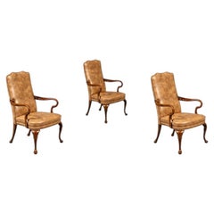 Set di 3 poltrone Queen Anne in pelle e legno