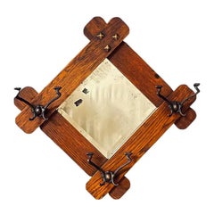 Antique Arts & Craft Mission Oak Coat Hanger Wall Mirror