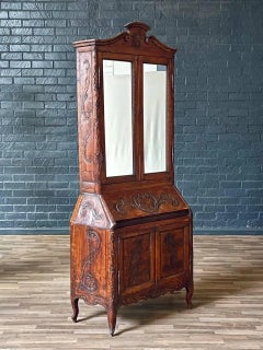 Antique French Provincial Louis XV, Carved Secretary Cabinet w/ Mirrored Doors