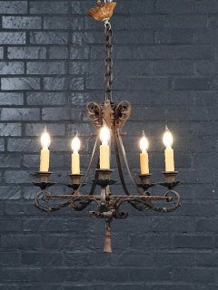 Spanish Colonial Revival Five-Light Wrought Iron Chandelier