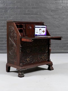 English Renaissance Revival Carved Oak Green Man Secretary Desk
