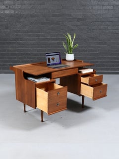 Newly Refinished - Mid Century Modern Sculpted Walnut Desk by Hooker