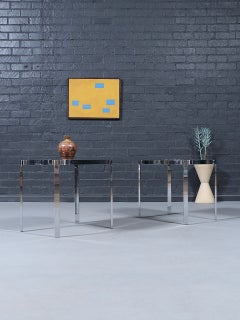 Milo Baughman Post Modern Chrome & Smoke Glass Side Tables