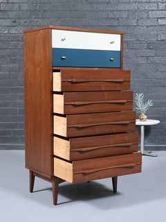 Newly Refinished - Mid-Century Two-Tone Blue & Beige Lacquered Highboy Dresser