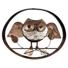 Vintage Rustic Folk Art Metal Owl Wall Sculpture w/ Green Glass Eyes