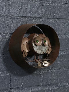 Vintage Rustic Folk Art Metal Owl Wall Sculpture w/ Green Glass Eyes