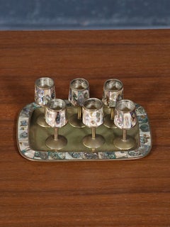 Vintage Mexican Modernist Abalone & Brass Cordial Shot Set