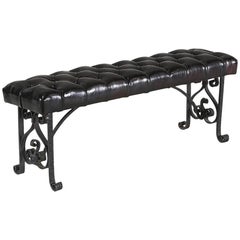 Wrought Iron Bench with Tufted Leather