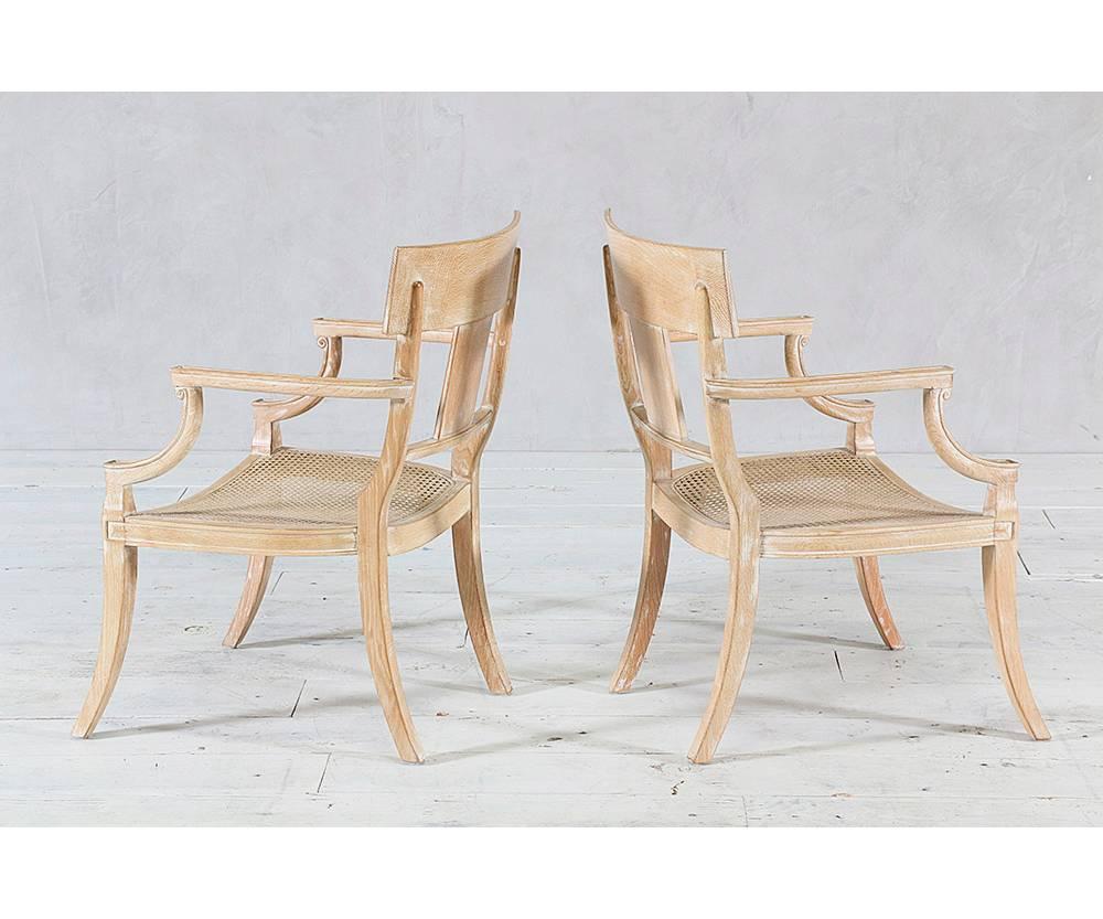 Graceful, pair of 1980s Klismos-style cerused oak armchairs with caned seats by Michael Taylor

