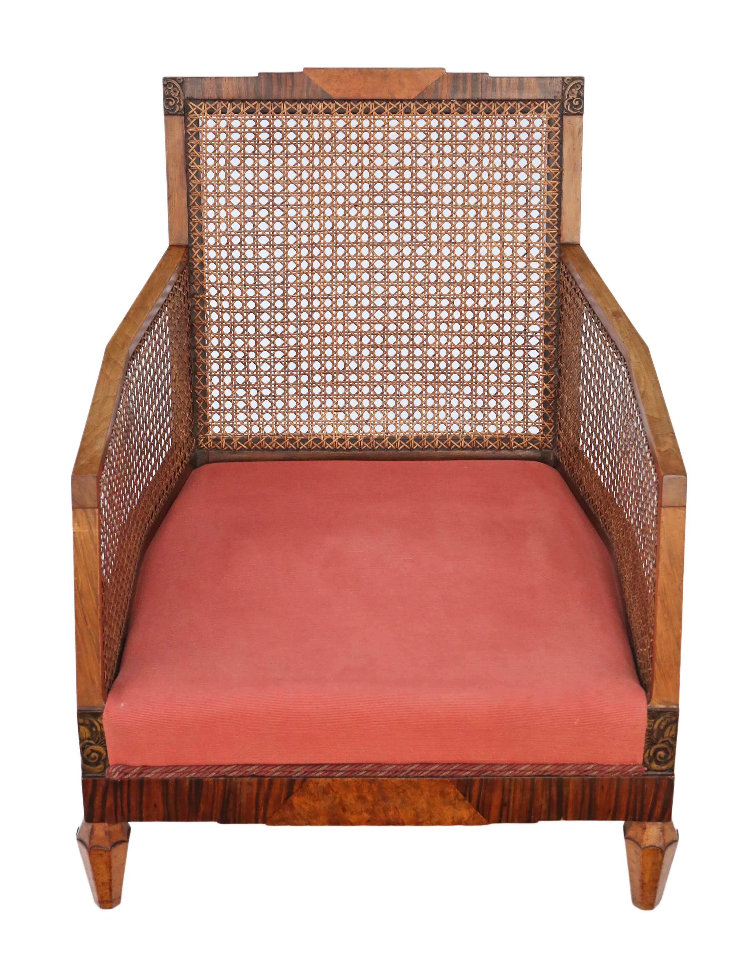 Antique Quality Art Deco Burr Walnut & Rosewood Bergere Armchair For Sale 4