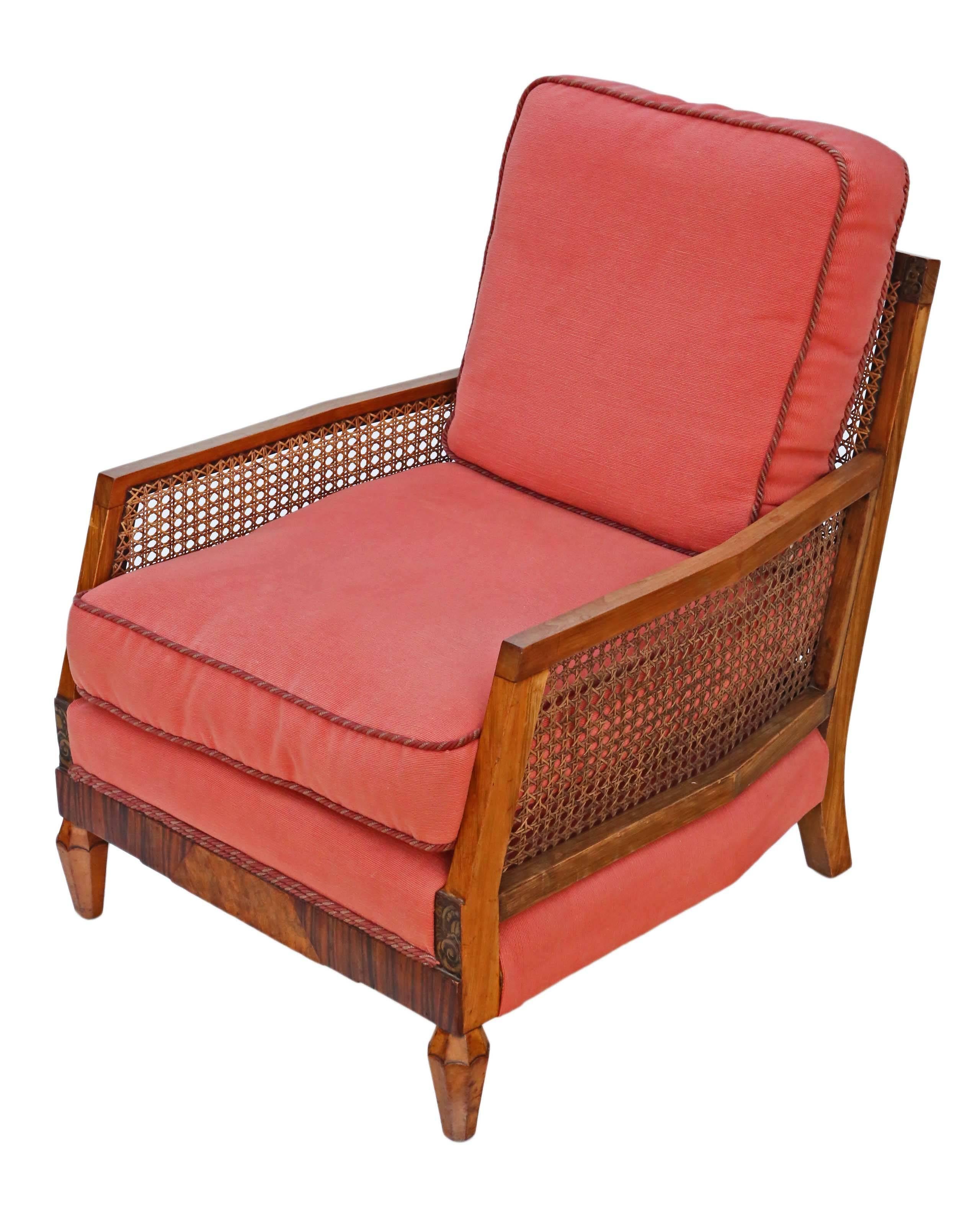 Antique quality Art Deco, circa 1920-1930 burr walnut and rosewood Bergere armchair. A wonderful rare quality period piece.

Solid and strong, with no loose joints. Full of age, character and charm. The upholstery is not new, but has no