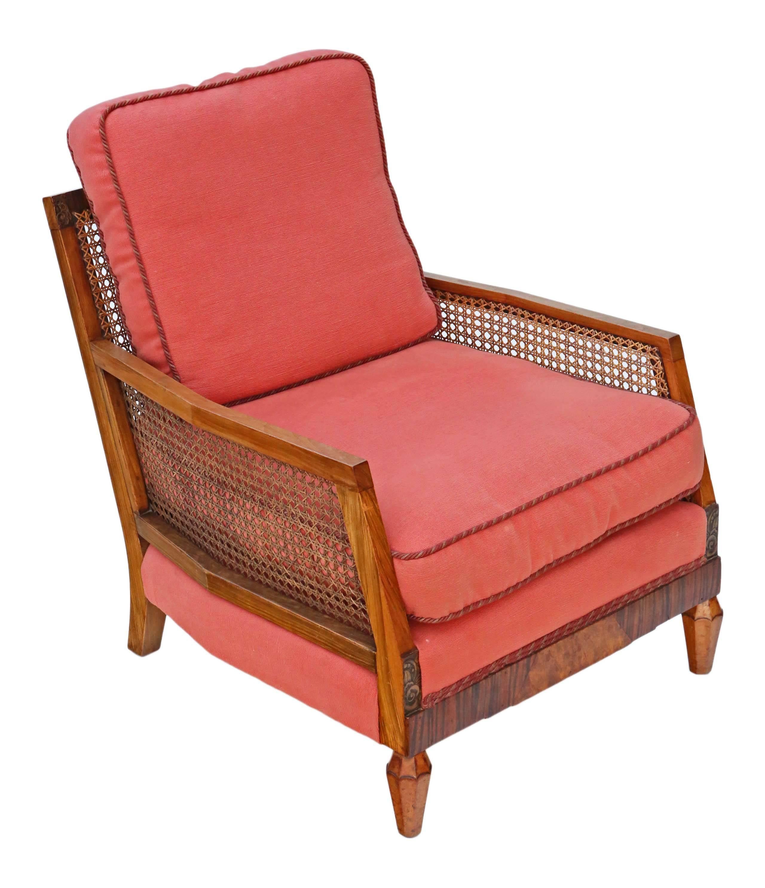 Antique Quality Art Deco Burr Walnut & Rosewood Bergere Armchair In Good Condition For Sale In Wisbech, Walton Wisbech