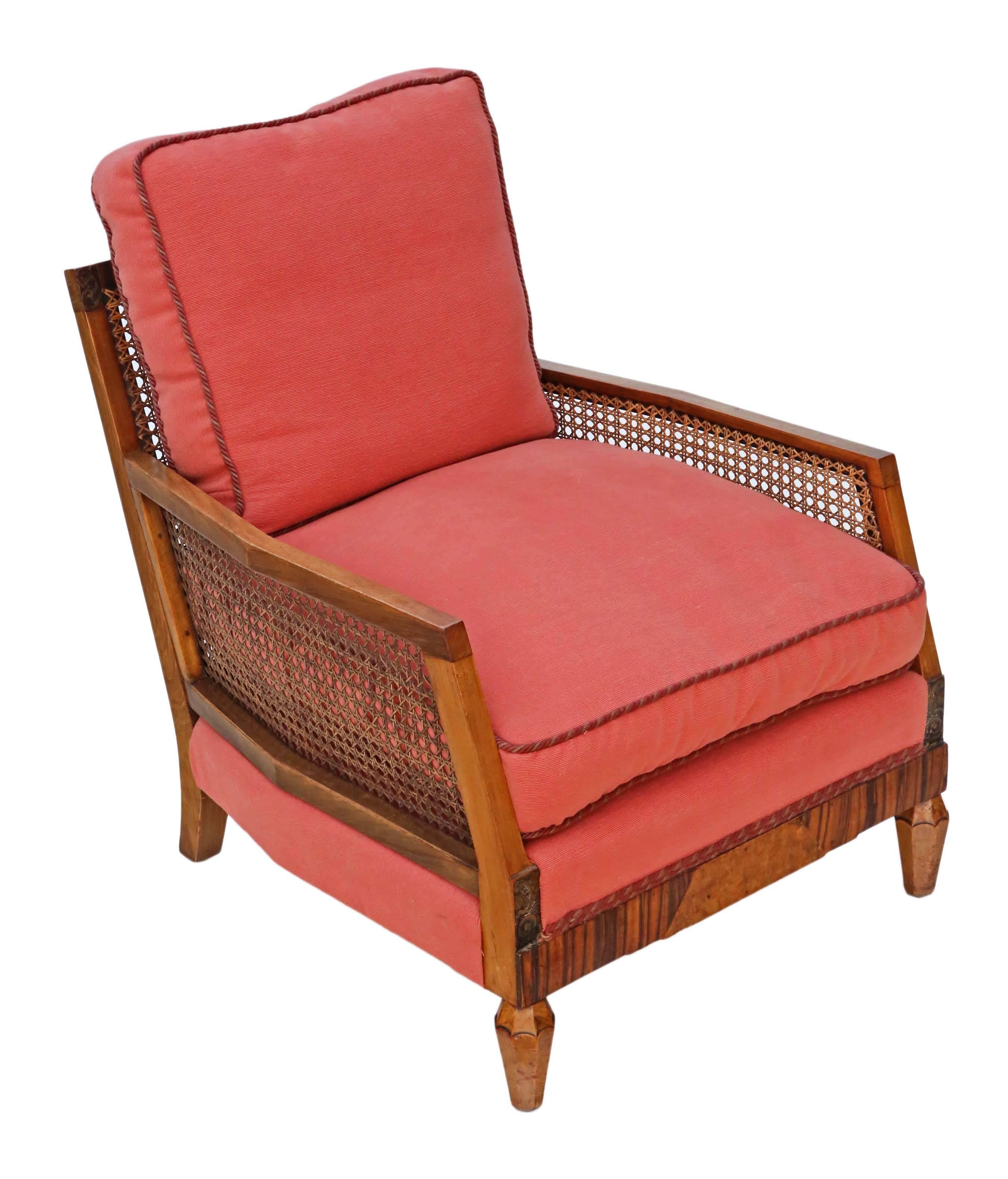 Antique Quality Art Deco circa 1920-1930 Rosewood & Burr Walnut Bergere Armchair For Sale 3