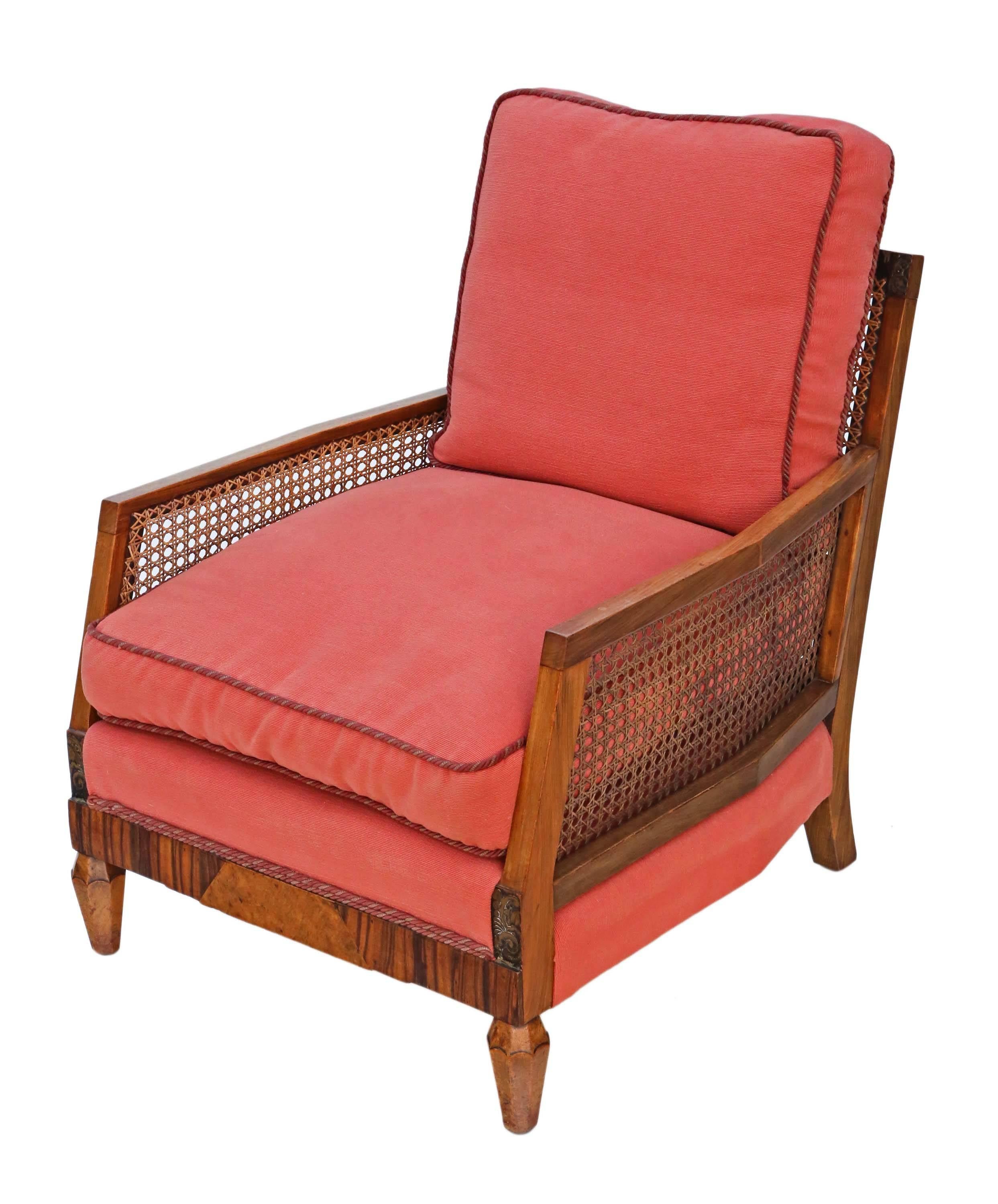 Early 20th Century Antique Quality Art Deco circa 1920-1930 Rosewood & Burr Walnut Bergere Armchair For Sale