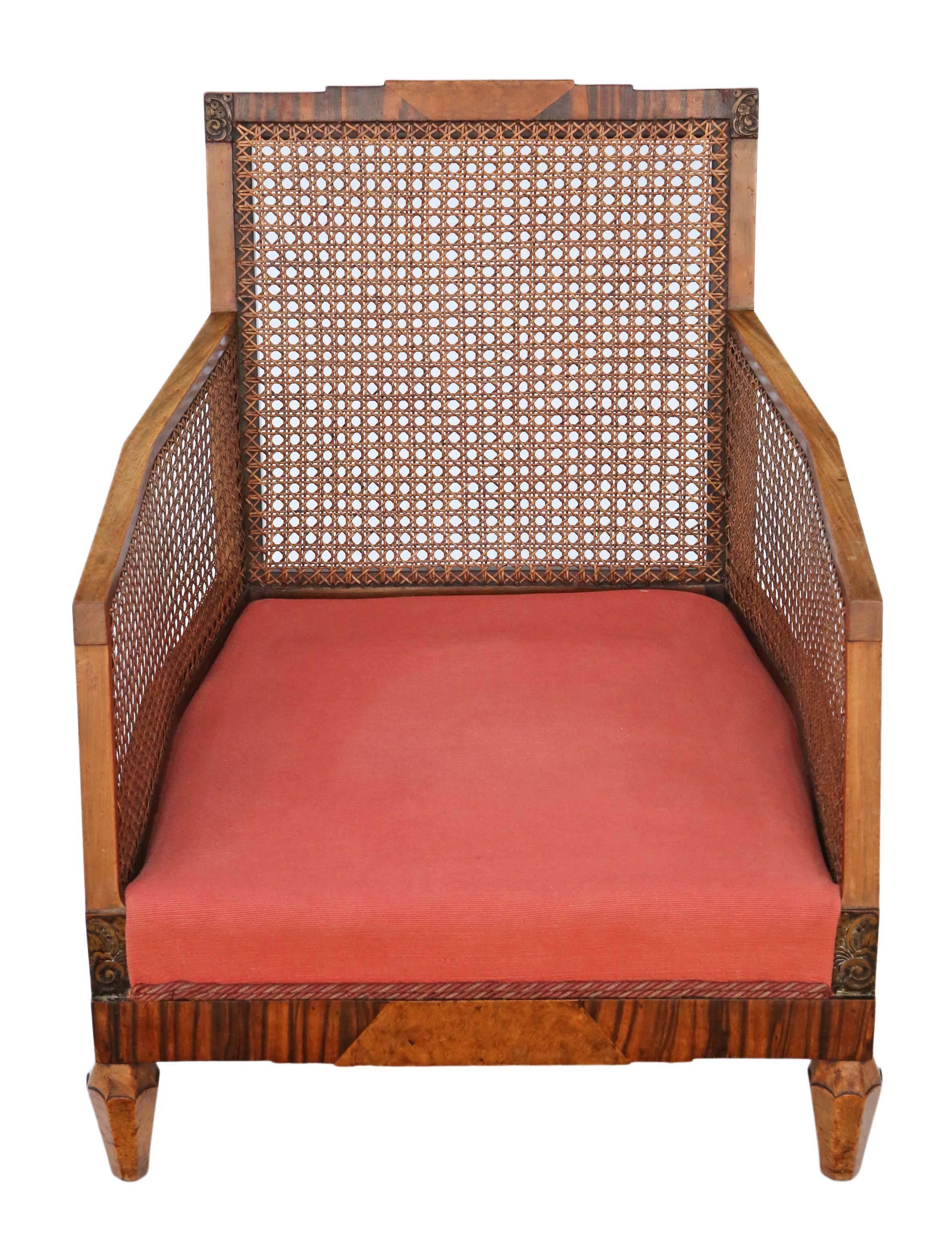 Antique Quality Art Deco circa 1920-1930 Rosewood & Burr Walnut Bergere Armchair For Sale 4