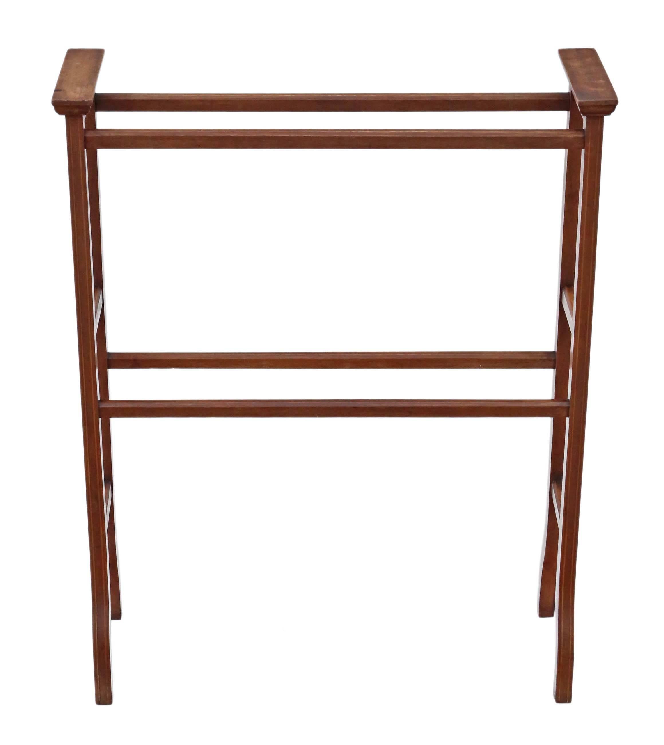 Antique quality Edwardian Art Nouveau circa 1905 inlaid mahogany towel rail stand.

This item is solid, with no loose joints.

No woodworm.

Good age and patina, would look amazing in the right location! Attractive line inlay.

Overall