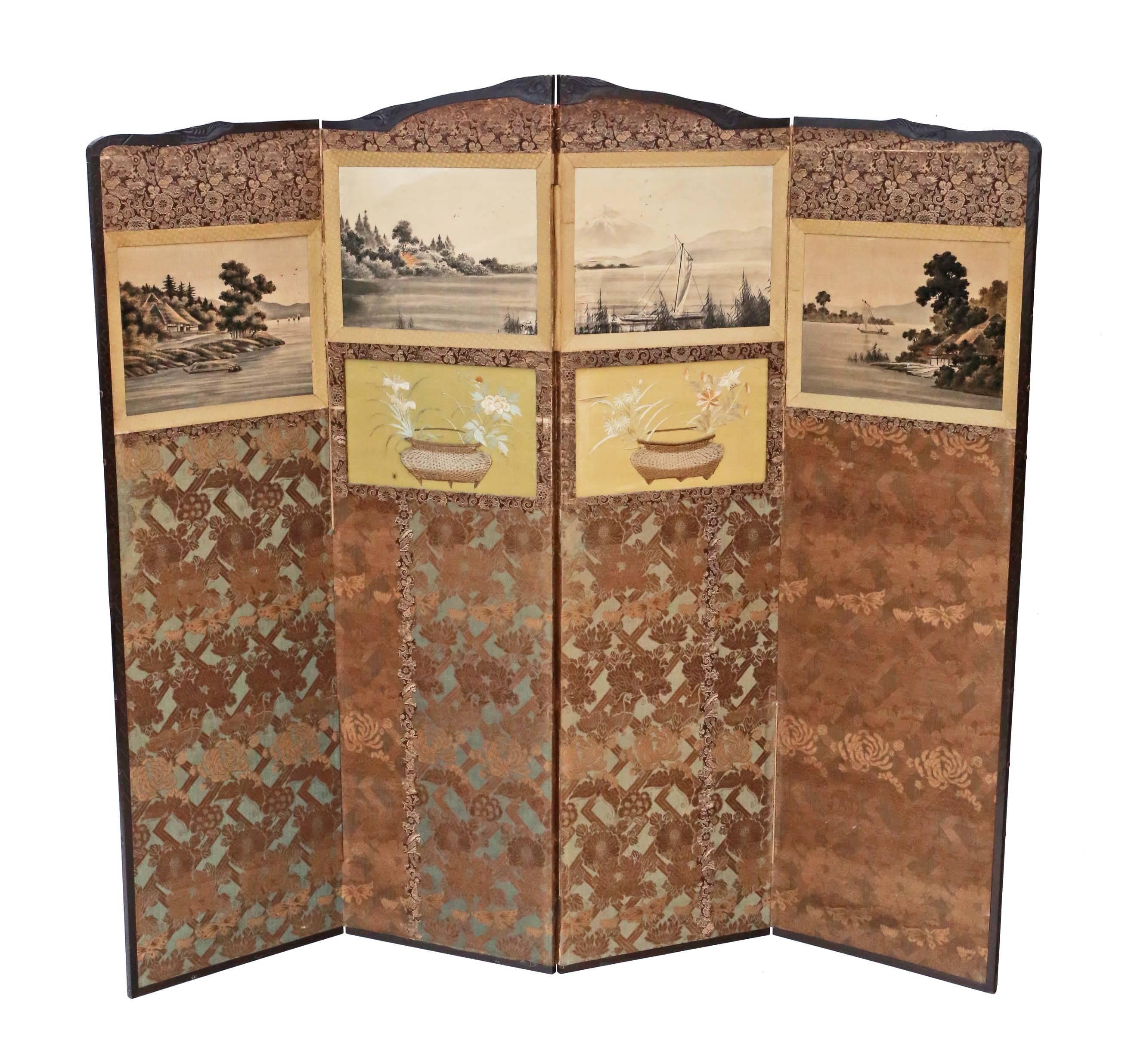 Antique large Victorian chinoiserie, circa 1900 mahogany dressing screen. Attractive silk / other woven and embroidered designs. A rare find.

Would look amazing in the right location, very old with a lovely age, colour and patina. No