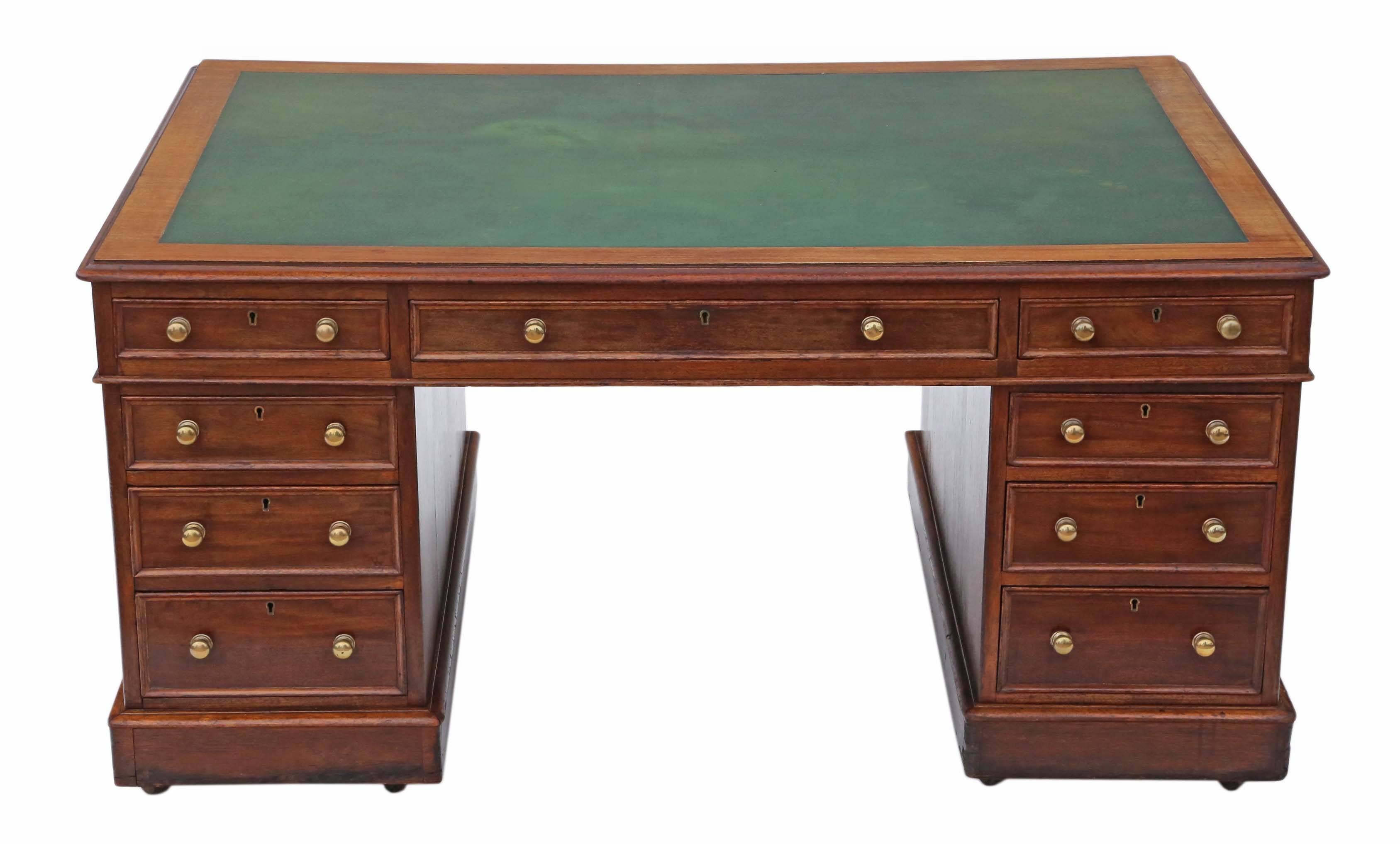 Antique quality large Victorian circa 1890 mahogany partner's desk measures approximately 5' x 3'6. 

No loose joints. Full of age, character and charm. The mahogany lined drawers slide freely. Period concealed wooden castors (some wear as one would
