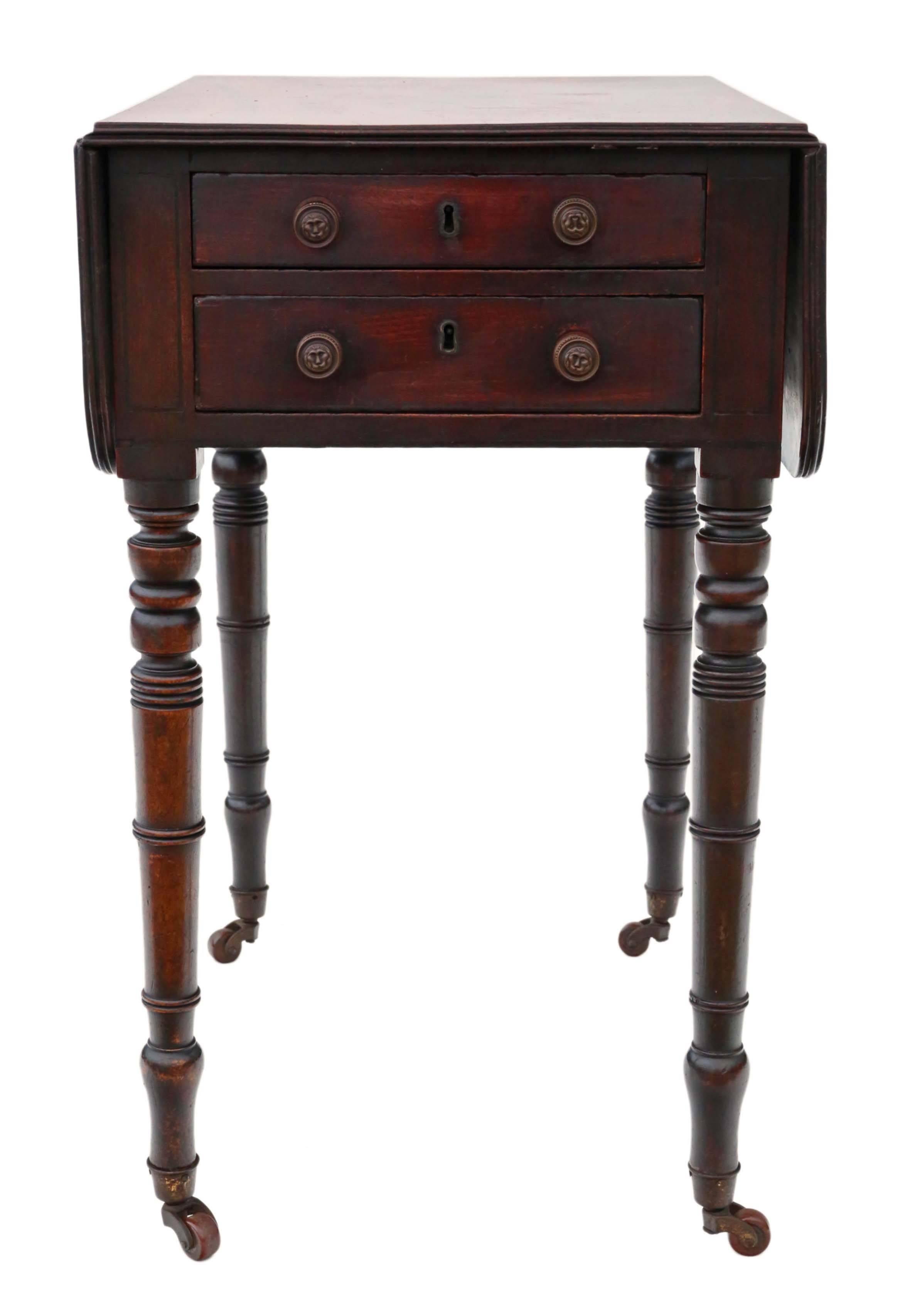 British Antique Quality Regency circa 1825 Mahogany Two-Drawer Drop-Leaf Work Table For Sale