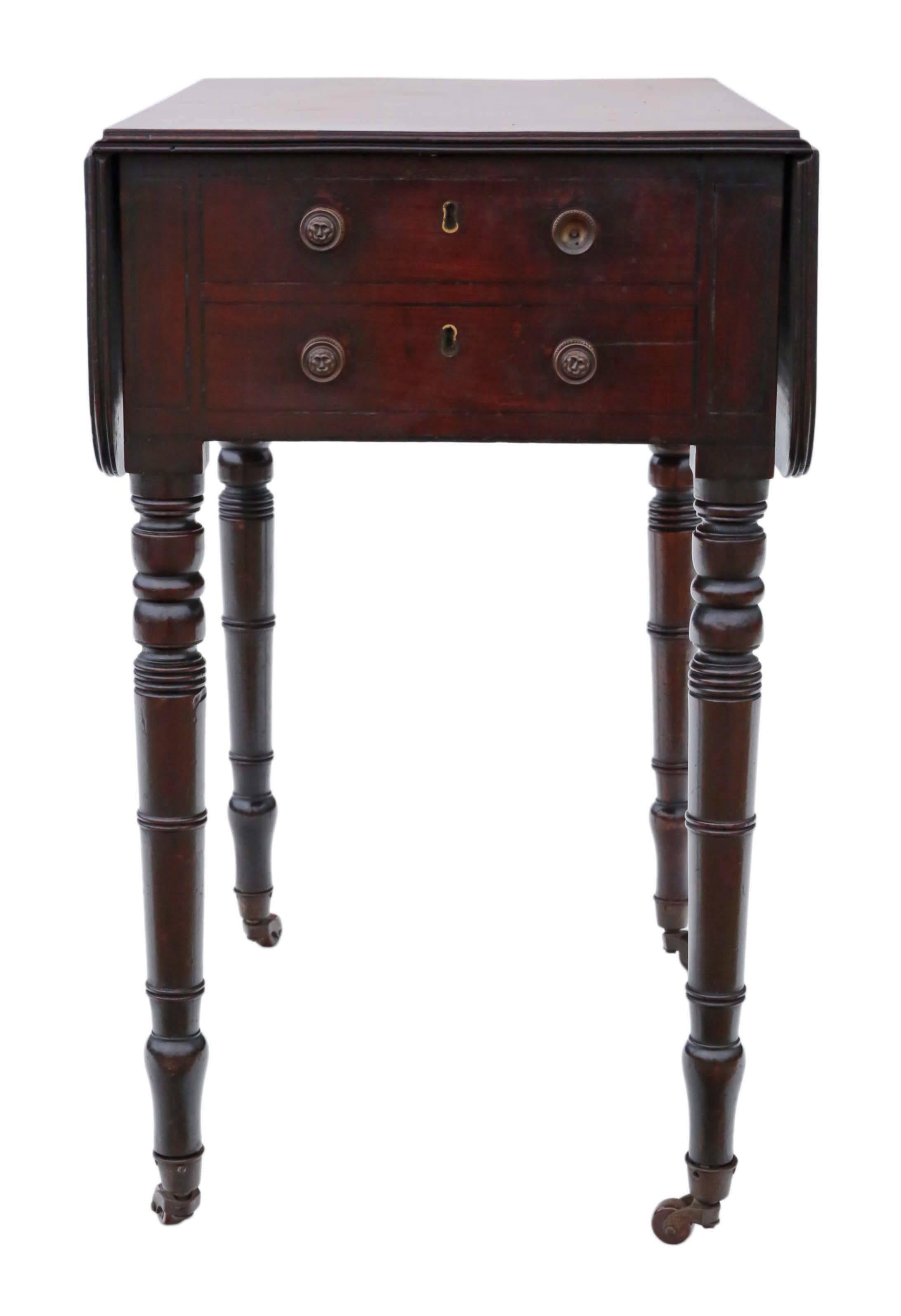 Antique Quality Regency circa 1825 Mahogany Two-Drawer Drop-Leaf Work Table For Sale 4