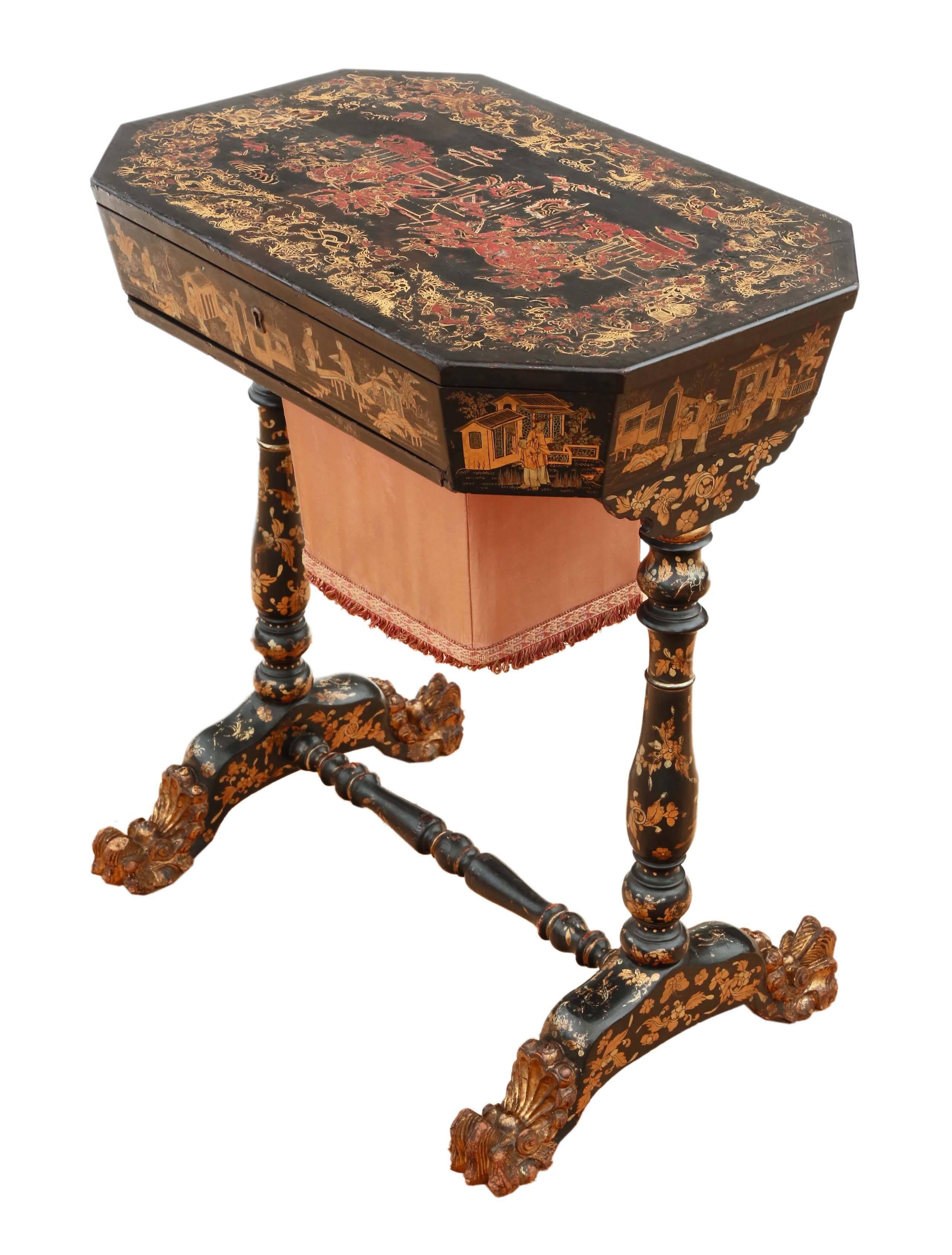 Antique rare quality 19th century decorated chinoiserie work side sewing box table.

This is a lovely item, that is full of age, charm and character. So very decorative. 

An attractive and rare piece.

Solid, with no loose joints or wobbles.
