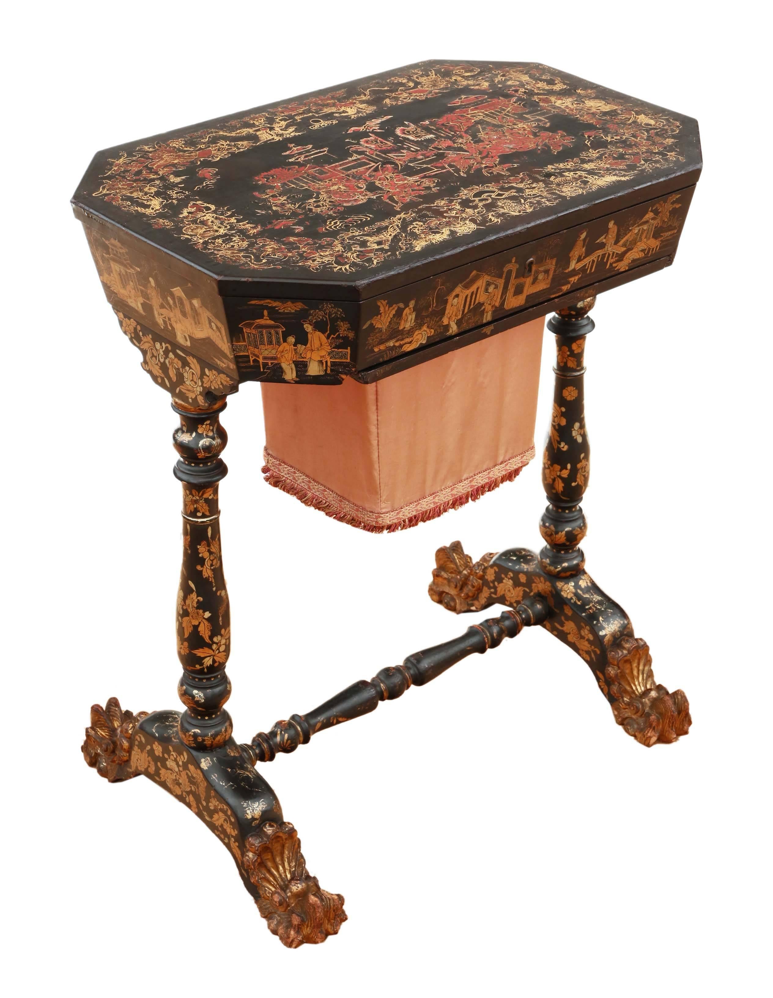 British Antique 19th Century Decorated Chinoiserie Work Side Sewing Table Box For Sale