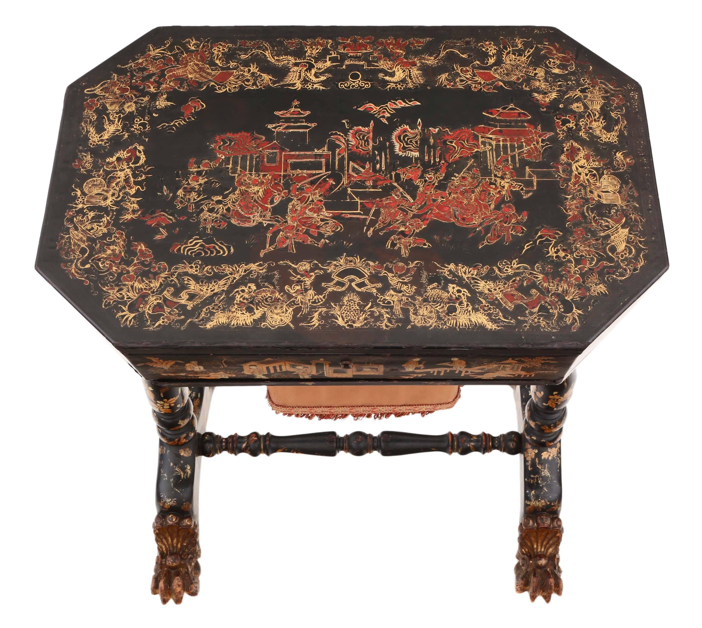 Antique 19th Century Decorated Chinoiserie Work Side Sewing Table Box In Good Condition For Sale In Wisbech, Walton Wisbech