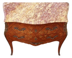 Antique Quality Bombe Marquetry Kingwood Marble Chest of Drawers