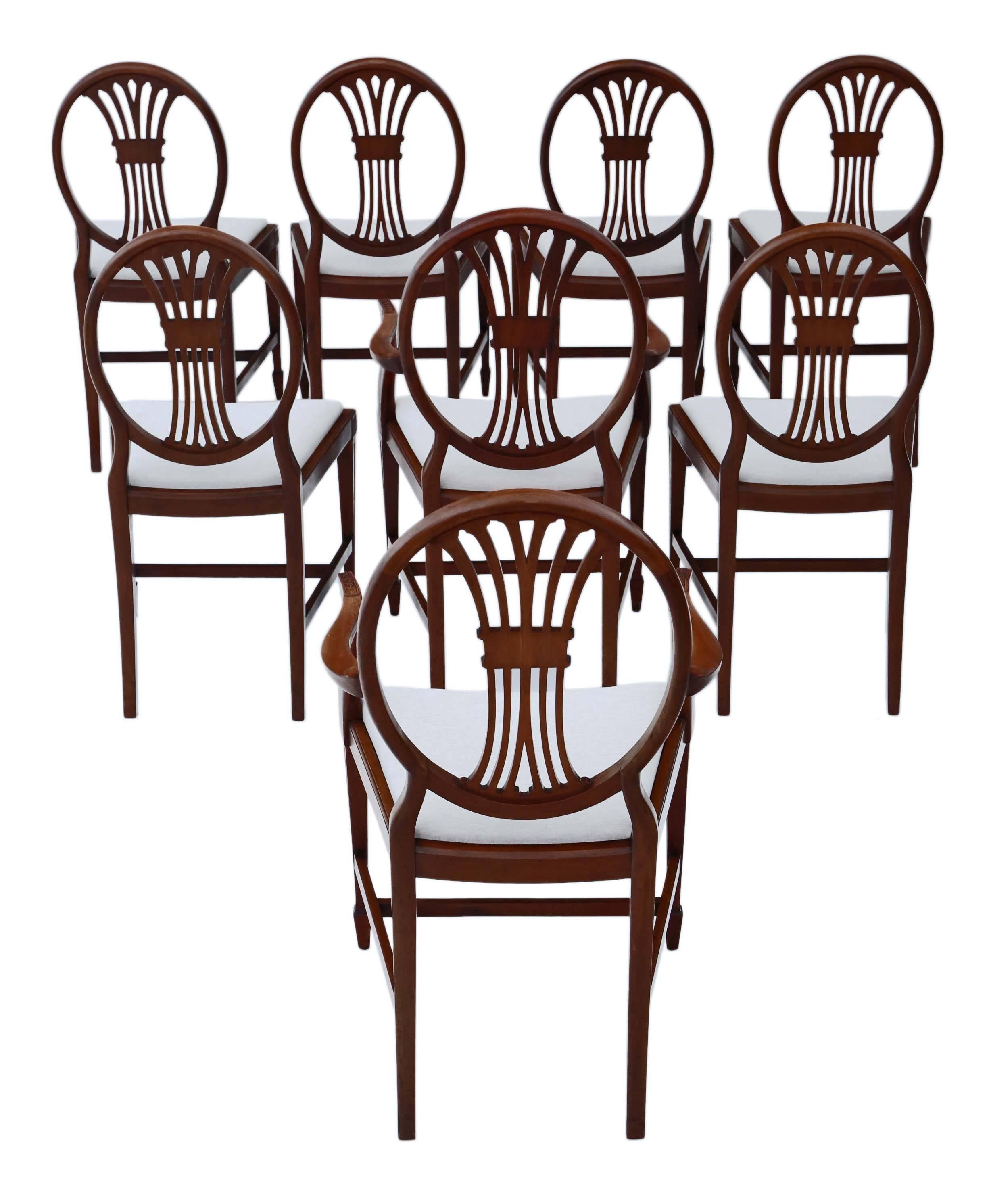 Antique fine quality set of eight (6+2) Georgian revival mahogany dining chairs. Far better than most. Originally from Harrods, with some chairs bearing their plaque.

Date from circa 1910.

Solid and strong with no loose joints. No woodworm.