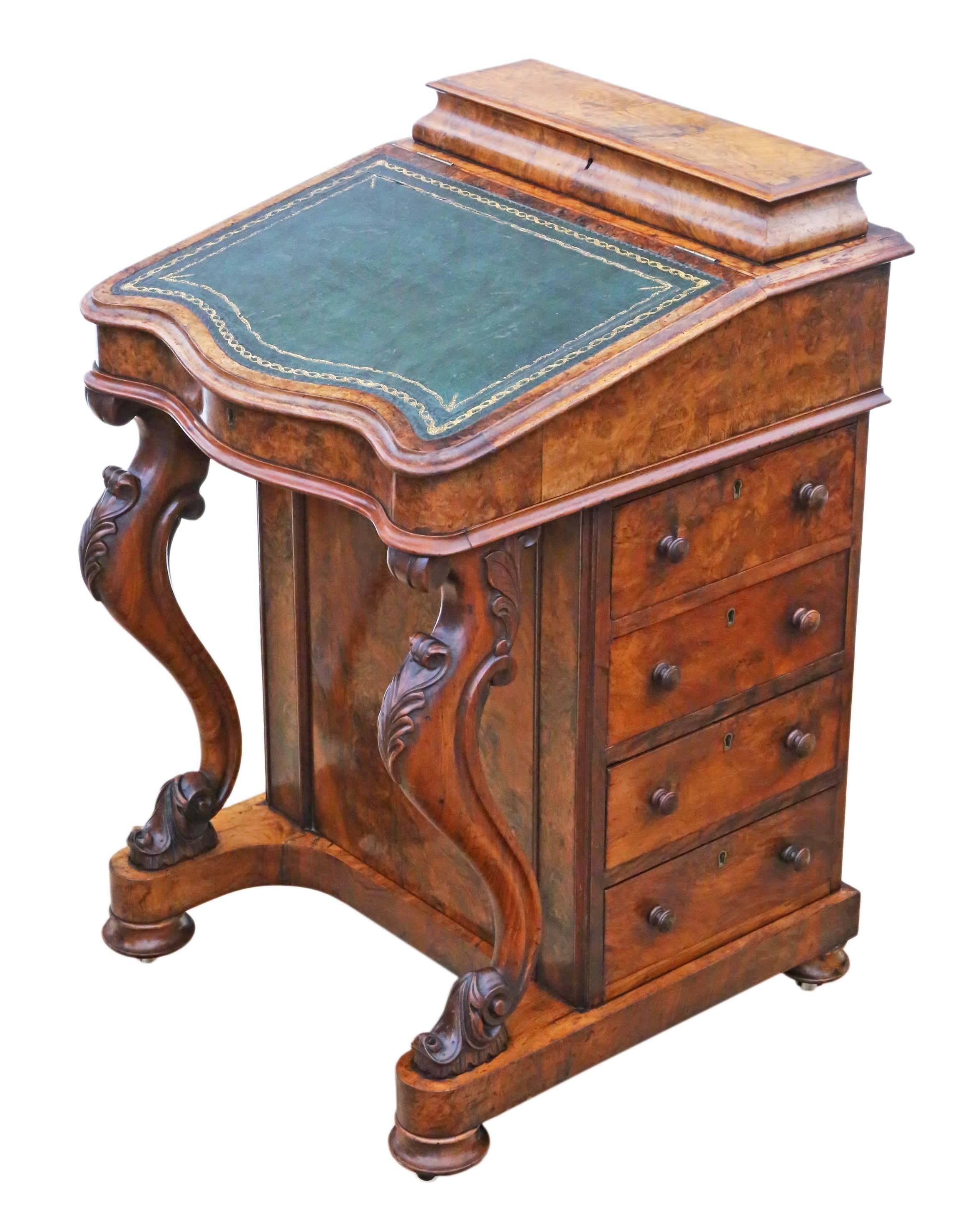 Antique Quality Victorian, circa 1870 Burr Walnut Davenport Writing Table Desk For Sale 1