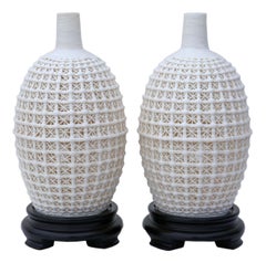 Antique Quality Pair of Oriental Reticulated Bottle Vases
